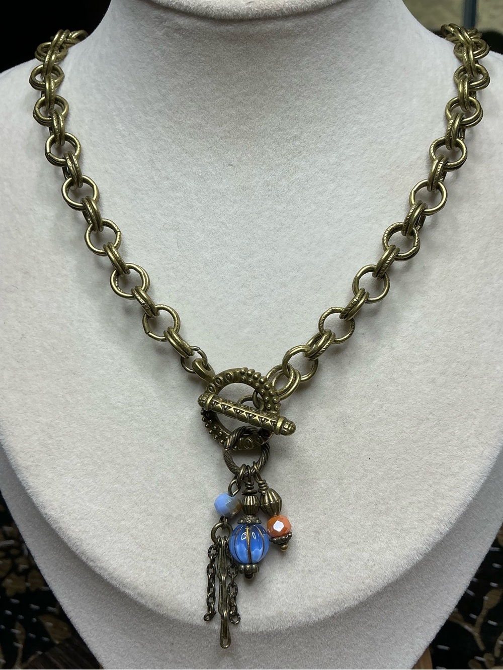 Vintage-Inspired Gold Chain Necklace with Blue and Orange Beads